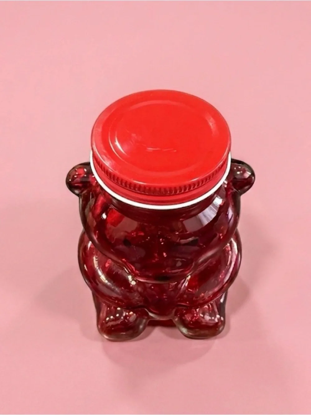 Red Glass Bear Container with Aluminum Lid – Cute Decorative Storage Jar